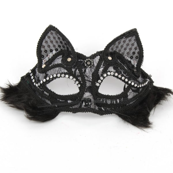 Betterlifefg-Halloween Masquerade Julfest Halvt ansikte Fox Spetsmask Half Face Princess Mask Venetiansk Mask, Hårig Svart Fox Spetsmask, 19*8cm