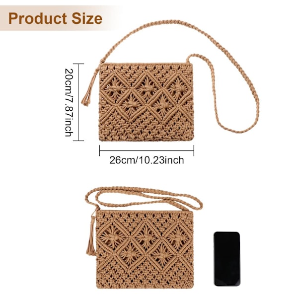 Handvävd Crossbody-väska i halm för kvinnor, bohemisk strandväska med axelrem, tofsar och dragkedja black