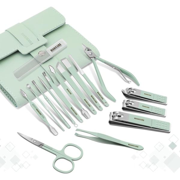 Nagelklippare Bärbar Set - Manikyr Set Rostfritt stål Nagelklippare Set med hopfällbar påse Manikyr Cutter Kit (16 STK/ SET, Grön)