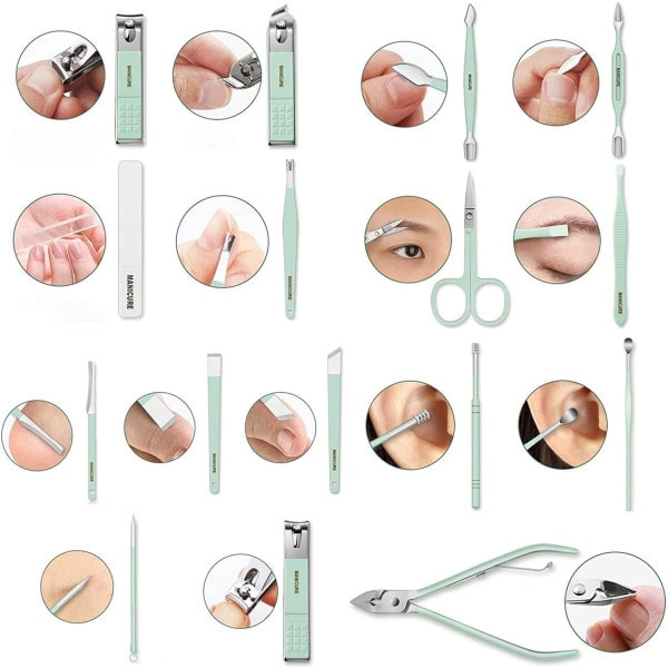 Nagelklippare Bärbar Set - Manikyr Set Rostfritt stål Nagelklippare Set med hopfällbar påse Manikyr Cutter Kit (16 STK/ SET, Grön)