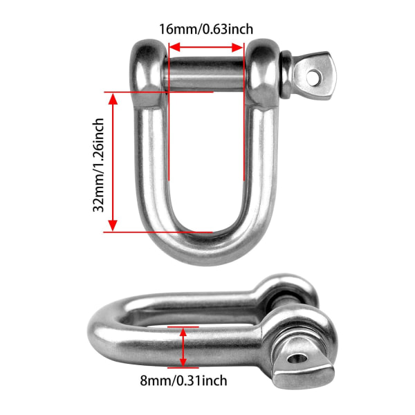 4st D-schackel, kraftig 304 rostfritt stål D-ring, slitstark M8 D-typ lastbärande krokring, används för bogsering/installation/camping/klättring