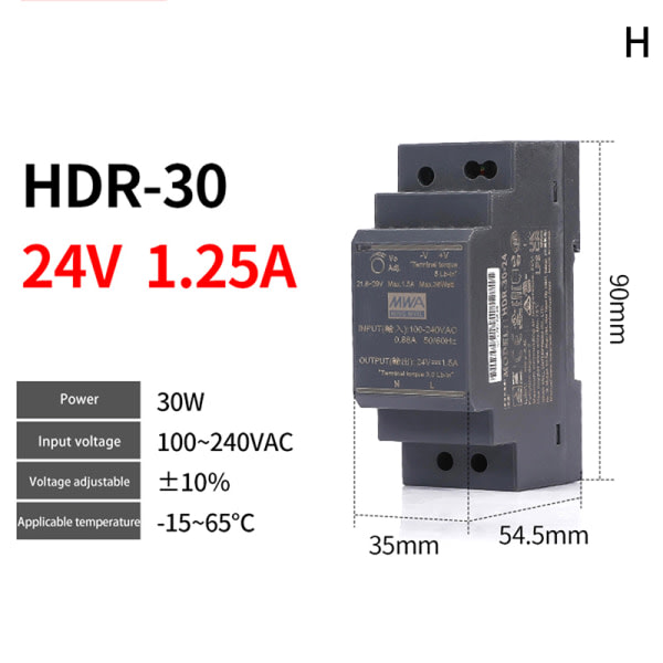 Kiskon kytkentävirtalähteet DC HDR-15W/30W-5V/12V/15V/24V Hal musta HDR-30-24V/1.5A black HDR-30-24V/1.5A