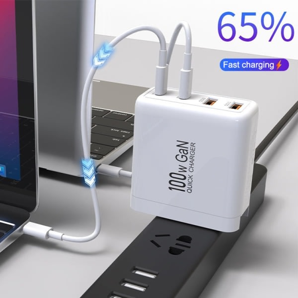 100W GaN reselader Dobbel USB-A Dobbel Type-C PD Hurtiglading US UK EU AU Pluggsett