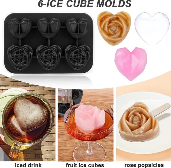 Silikone isterningebakke, 2,5 tommer 3D hjerte- og diamantforme med låg, til whisky og cocktails