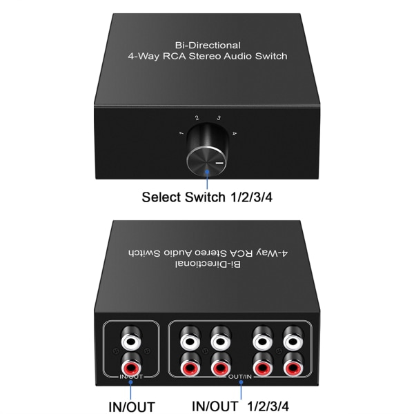 Professionell ljudomkopplare/delare RCA Stereo Switcher Selector Switch Box Förlustfri signalöverföring Svarta skal