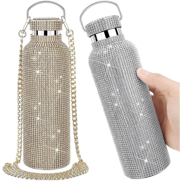 Rhinestone vandflaske 304 rustfrit stål glitrende termoflaske med kæde High-end diamant indlagt termoflaskekop med kæde sort