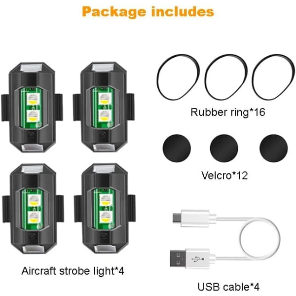 4 kpl Strobe-lennokkivaloa, 7 väriä LED-lentokoneen Strobe-valot ja USB-lataus Strobe-valo Lennokki Yövalo moottoripyörälle, RC-autolle, RC-veneelle, lennokille