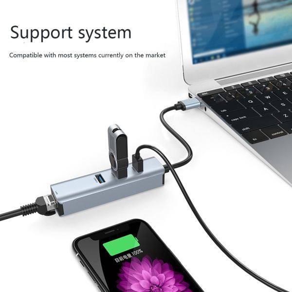 USB Ethernet-adapter med USB 3.0 Hub 3-ports USB Hub, USB-delare för höghastighetsdataöverföring för bärbar dator, mobil hårddisk
