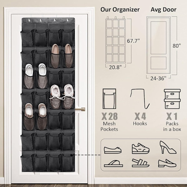 Skopose til veggmontering bak dør, skohylleskap, hengerorganisator, plassbesparende, småtingpose, gjenstander black 28 grid