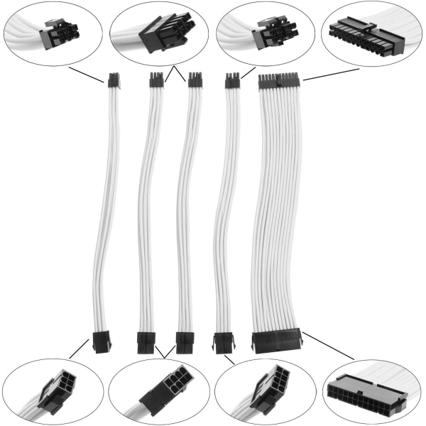 5 kpl 18AWG nylonvaippainen PSU virta ATX 24Pin / 8P (4+4P) EPS PCI-E 8Pin / 6P PCI-E sarja 30cm kaapeli valkoinen