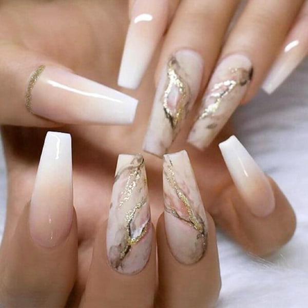 Långt tryck på naglar Gradient falska naglar Cover Bling lösnaglar för kvinnor och tjejer24PCS