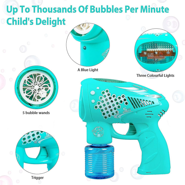 Bubbelpistol för barn, upplysta och musikaliska bubbelblåsare med bubbellösning, rolig sommar inomhus A