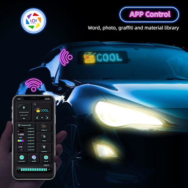 LED-skylt för rullande reklam, flexibel USB 5V LED-bilskylt med APP-kontroll, DIY-design av text, mönster, animationer (13,5''x4'')