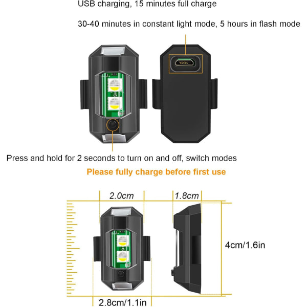 4 kpl Strobe-lennokkivaloa, 7 väriä LED-lentokoneen Strobe-valot ja USB-lataus Strobe-valo Lennokki Yövalo moottoripyörälle, RC-autolle, RC-veneelle, lennokille
