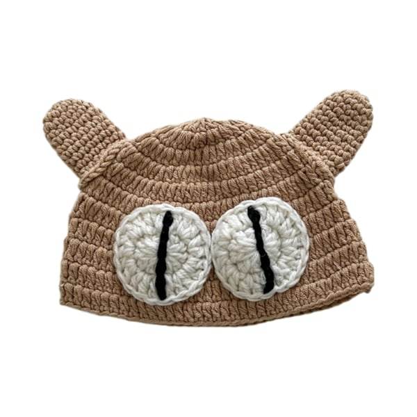 Populär Virkad Fiskehatt Mjuk Bucket Hat Söt Handgjord Cartoon Kattöron Hatt Flickor Barn Hatt Underbar Stickad Hatt Khaki