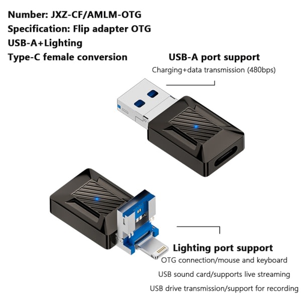 3-i-1 hopfällbar OTG Type-C Hona Till USB Hane Adapter For Iphone A1