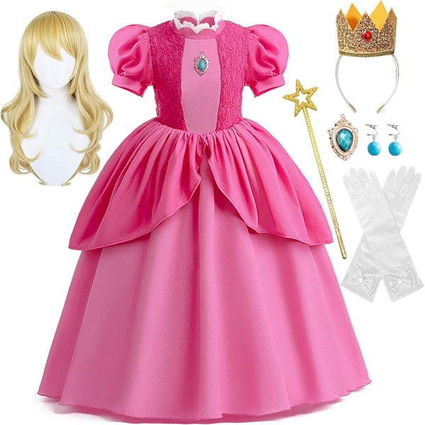 Piges Festkostume Halloween Karneval Børn Prinsesse Peach Fancy Dress Up 3-12 År Pink 8-10 ans