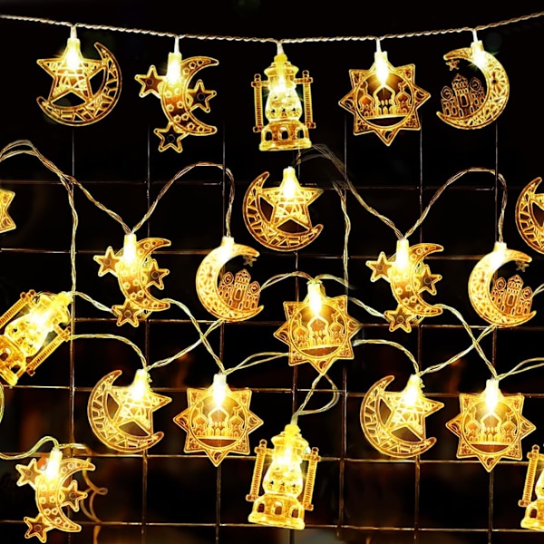 Ramadan lyslenke 3M 20 lamper, Ramadan stjerne og månelys, Ramadan lyslenke Eid lyslenke batteri for hjemmedekorasjon, Kareem dekorasjon Hvit