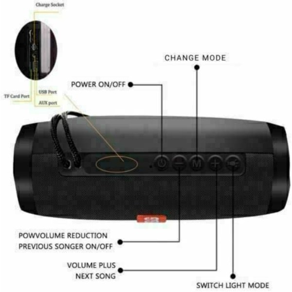 Trådlös Bluetooth-högtalare med kraftfull bas för utomhusbruk, FM-radio med LED-lampor (svart)