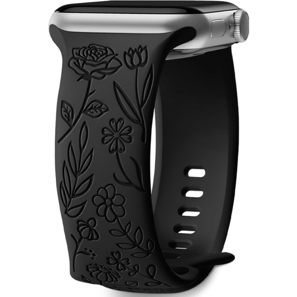 Blomstrete gravert rem kompatibel med Apple Watch Armbånd 38 mm 40 mm 41 mm for kvinner, erstatningsbånd for iWatch Series SE 9 8 7 6 5 4 3 2 1, Svart Black