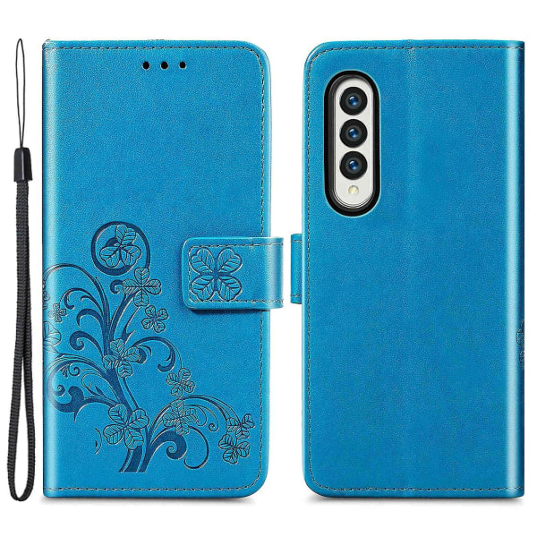 For Samsung Galaxy Z Fold4 5g Drop-proof Telefon Flip Cover Fyrklövermønster trykt Pu- case Magnetstængning Plånboksställ med rem Blue