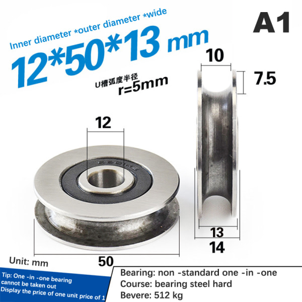 12*50*13mm sporhjul Metall U-spor ståltrådsløft A2 A2 A2 A2