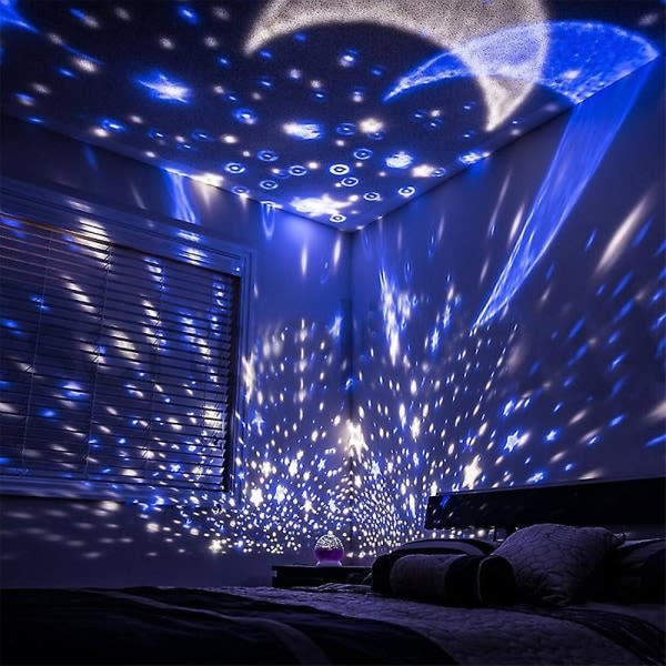 Nattljusprojektor, Led Star Moon Lamp Rotation Sky Projector Färgskiftande 360 ​​graders roterande romantiska stjärnprojektor D- blå
