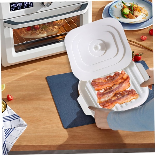 Mikrobølgeovnsbaconbrett, 30 x 20 x 0,8 cm Silikonbaconpanne med lokk og håndtak, Crispy Bacon Maker