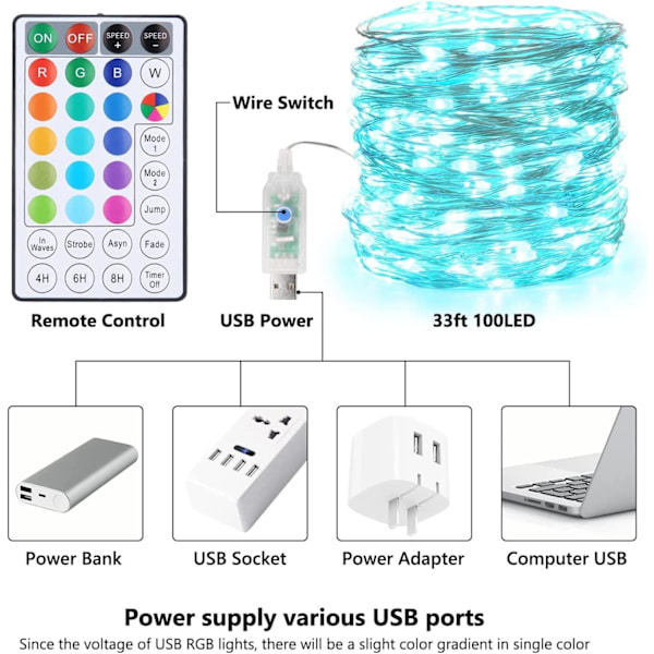 Indendørs julelys, 10m, 100 LED-lys, USB, med kobbertråd, 18 skiftende farver, 24 tilstande, RGB, vandtæt dekoration färgglad 100 LED