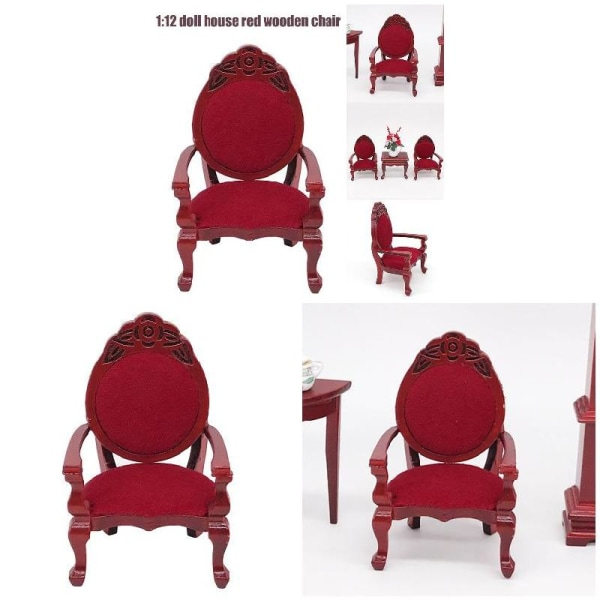 Klassisk Röd Trästol Miniatyr Möbelmodell för 1/12 Dockhus Lekhusleksaker Röd