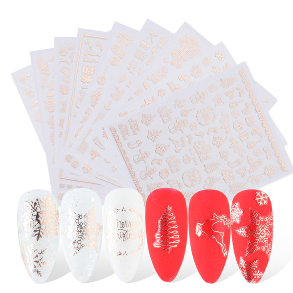 18 ark Jul Nail Art Stickers Dekaler Pegatinas Uñas Navidad Xmas Rose Gold Snowflake Vinter Semester Nageltillbehör Nail Art Design Dekoration A