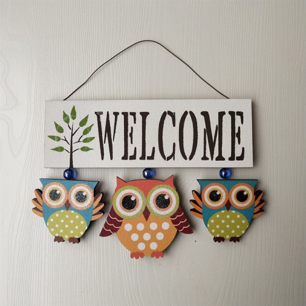 Owl Welcome Hängande träskylt ytterdörrdekor (blå) Hvit