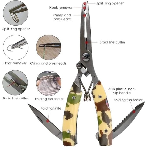 Fiske Tång Sax Fiske Disgorgers Linfiske Tillbehör Havsfiske Multiverktyg Set med Slida Camouflage
