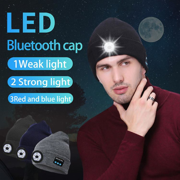 Trådløs Bluetooth LED-lue med strikket lue Musikkhøyttaler Varm lue Navy Blue Navy Blue