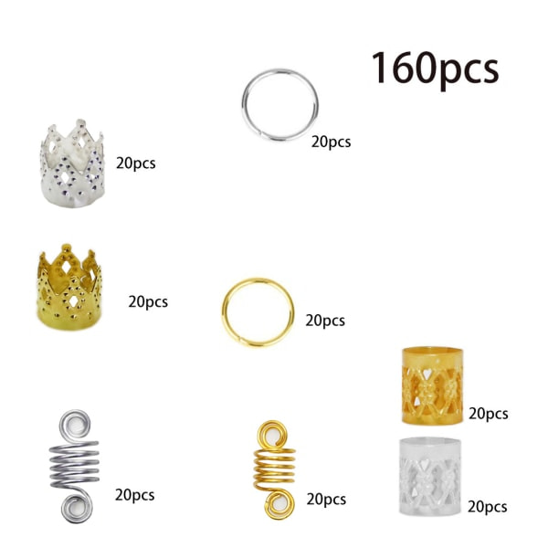 160 stk DIY Dreadlock-ringe Metal Manschetter Perler Flere stilarter til Festi