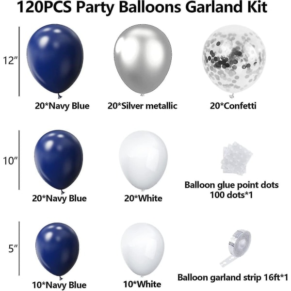 Marinblå Silver Vit Konfetti Ballonger Båge Kit, 120 st 12in 10in 5in Latex Girlang Bågar Kit för Examen, Födelsedag, Bröllop, Jubileum, Fest