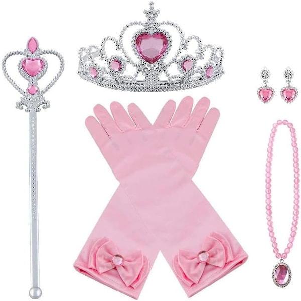 Prinsessan Elsas Kostymtillbehörssats för Barn, Inkluderar Fläta, Tiara, Handskar och Trollstav 6pcs - pink