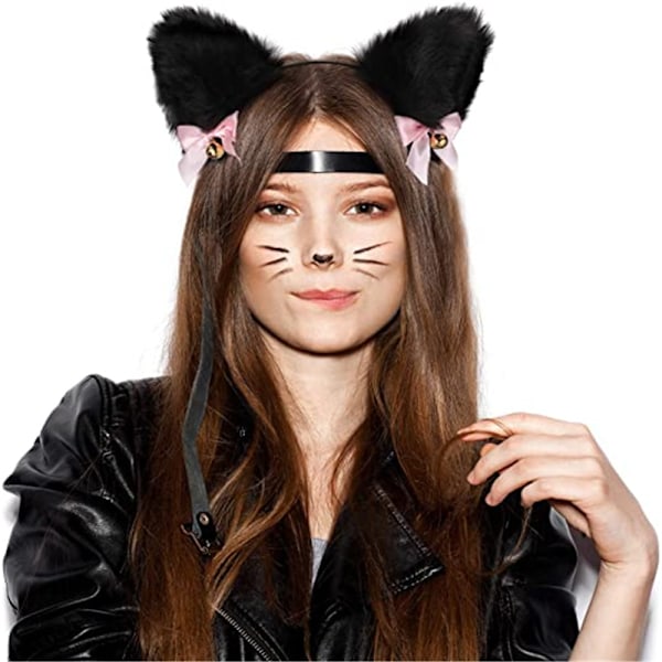 Kat Øre Hårbøjle Med Klokker Halskæde Cosplay Black