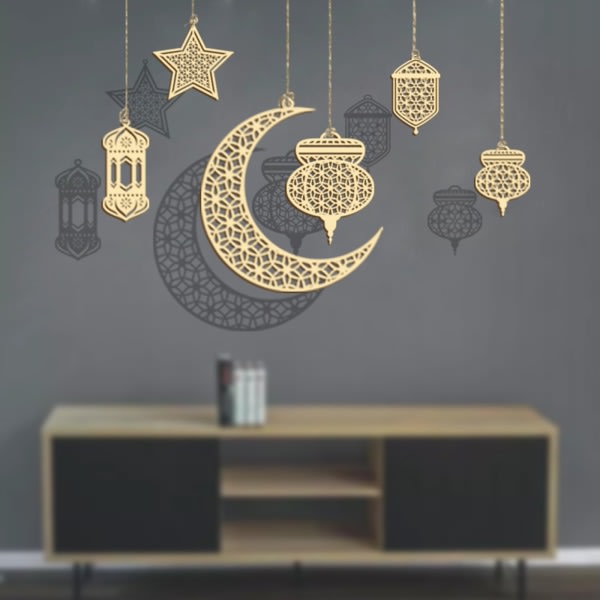 Eid trähänge Hollow Moon Star Castle Trähantverk Konstprydnad för muslimska Ramadan Mubarak Festdekoration null - I