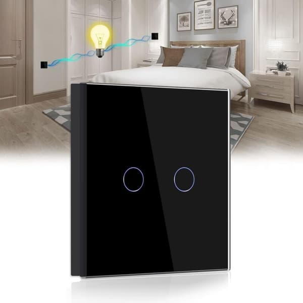 Touch Switch, Sort 2-Gangs 2-Vejs Lyskontakt med LED-displaylys, Touch Switch med Touch Sensor Krystalglaspanel - Ingen Neutral Ledning