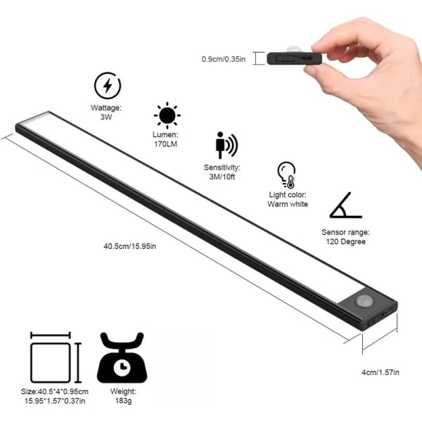 2 LED-garderobslampor, 40 cm, trådlösa, USB-uppladdningsbara