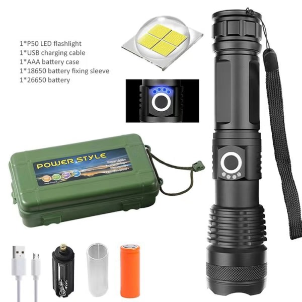 Ficklampa med Power Display, lång räckvidd, P70 teleskopisk zoom, USB laddningsbar nattlampa (stil 3)