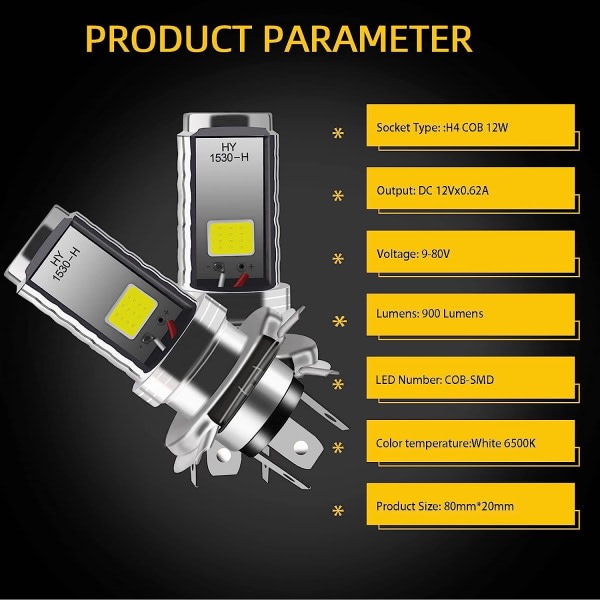 2 ST H4 LED-lampe, 12V motorsykkel/bilfrontlys, 12W COB-lamper Frontlys LED-lampe for fjernlys, fjernlys/nærlys