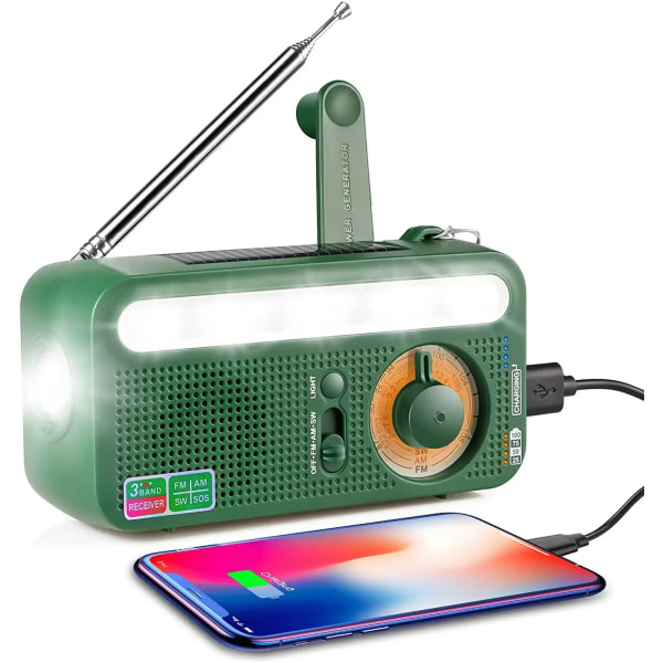 Solardriven handvev radio med nödströmförsörjning, AM FM SW radio med SOS-larm, 2000 mAh powerbank, ficklampa och läslampa WHITE