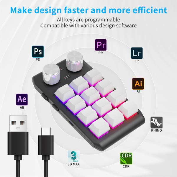 RGB Programmerbar Makro-tangentbord 12 Tangenter Plug-Play Mini-tangentbord för Enhands-spel Svart