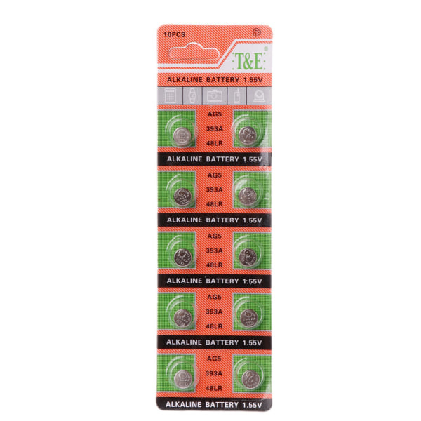 10 stk. Alkaline Batterier til Ur, 1,5V AG5 LR754 SR754 193 393A 48LR