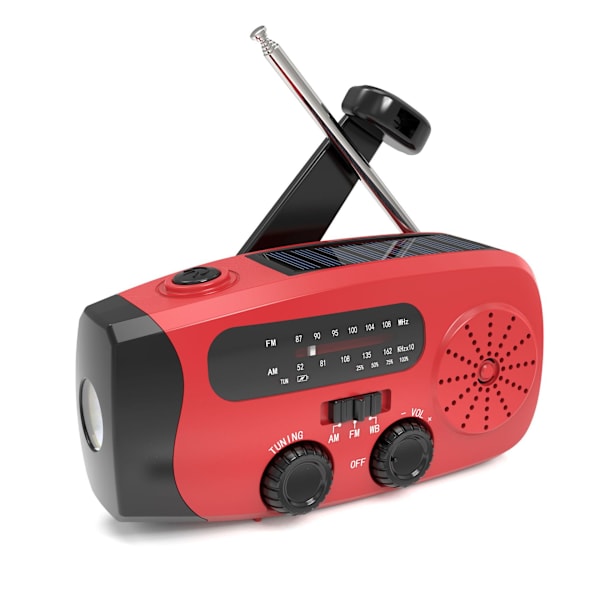 Vevradio med solceller, ficklampa och 2000mAh powerbank, röd SOS