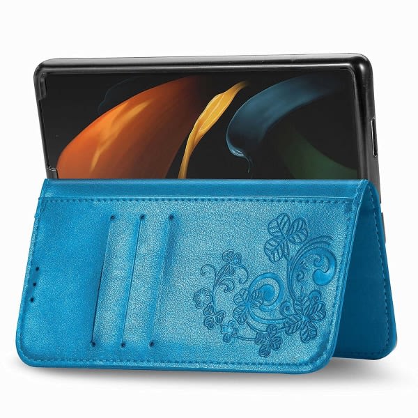 För Samsung Galaxy Z Fold4 5g Drop-proof Telefon Flip Cover Fyrklövermönster tryckt Pu- case Magnetstängning Plånboksställ med rem Blue