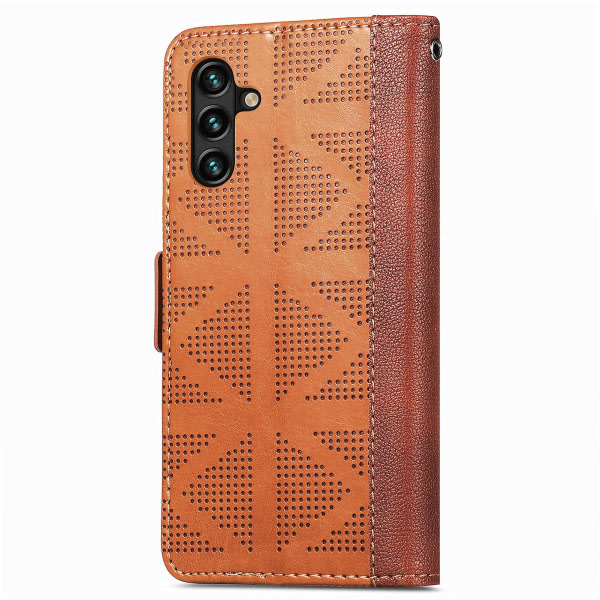 For Samsung Galaxy A13 5G Anti-fall Beskyttelse Kryss Rhombus Preget PU-Lær + TPU-deksel med Lommebok Stativ - Khaki Brun