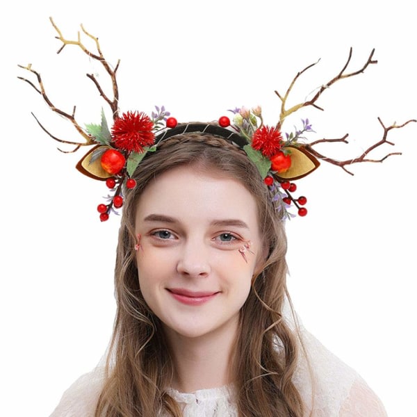 Julehodebånd LED Lysende Reinsdyr Horn Hodebånd Blomst Bær Hodebånd Lysende Hårdekorasjon Julefest Kostymer